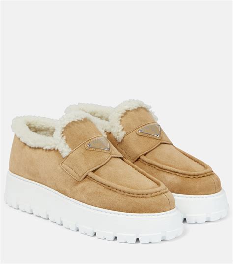 prada shearling loafer|Cognac Suede And Shearling Loafers .